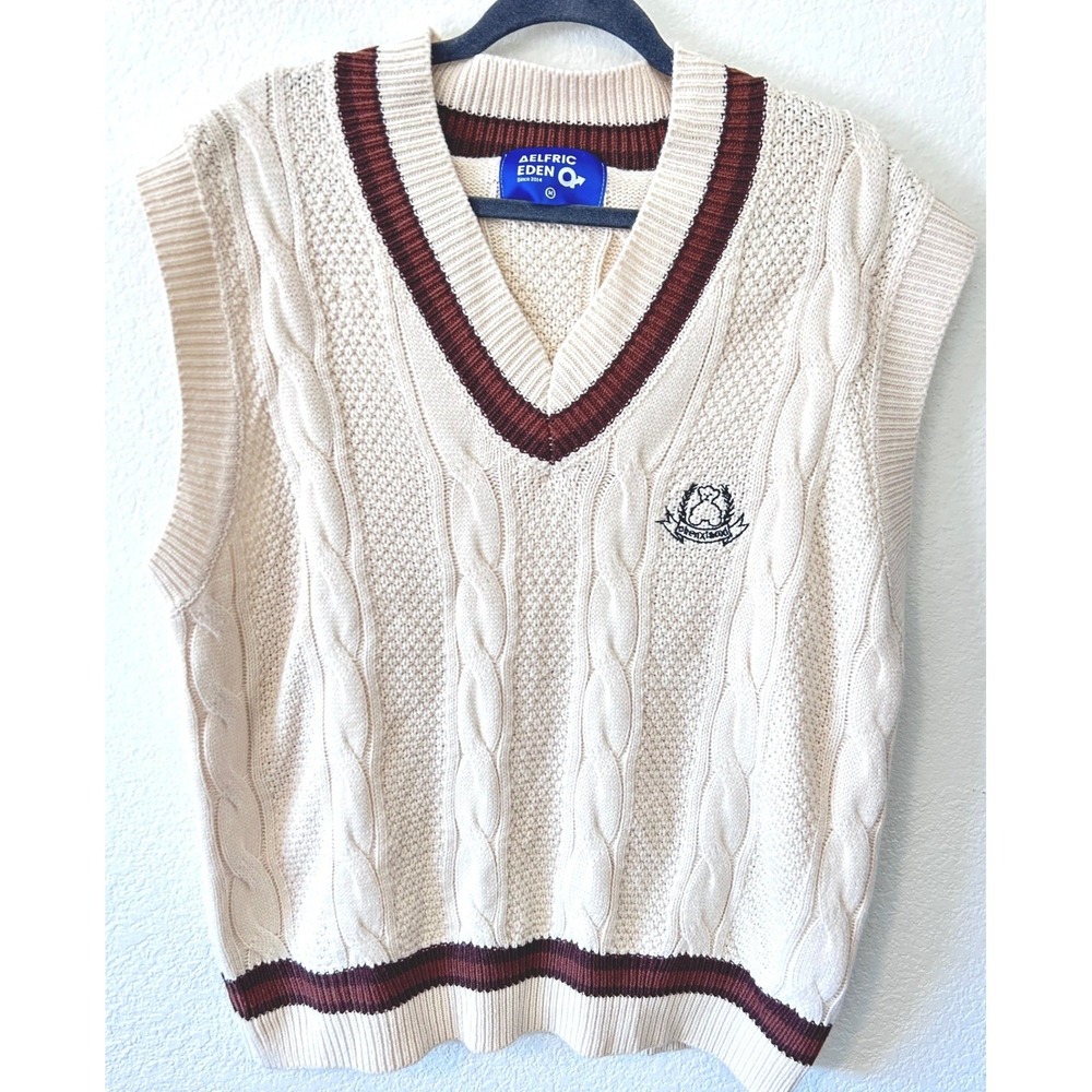 Aelfric Eden Academic Cable Knit Vest V-Neck Streetwear‎ Preppy Bear Crest SZ M
